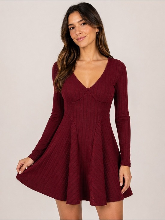 HALARA Dresses & Skirts - Halara Ribbed Knit V Neck Long Sleeve Fit & Flare Mini Dress XS NWT